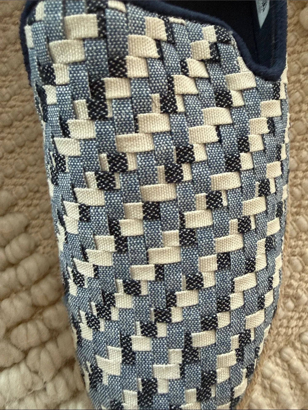 TOMS Blue Navy White Woven Textured Platform Slip-On Mules Espadrilles 9